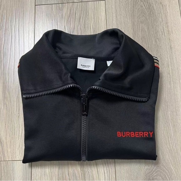 BURBERRY ICON STRIPE DETAIL FUNNEL NECK TRACK TOP IN BLACK - Picture 3 of 4